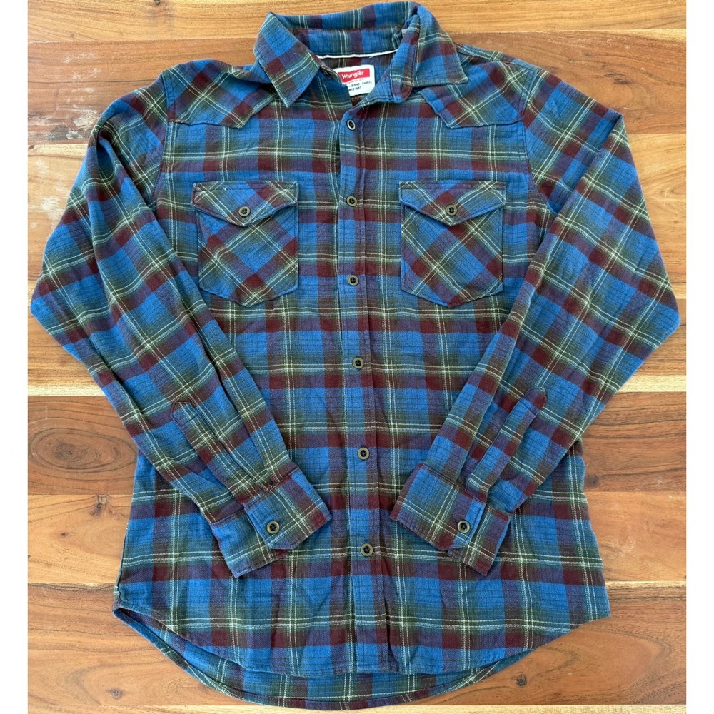 Wrangler Mens Blue Burgundy Plaid Western Flannel Shirt Small 112324441 Stretch